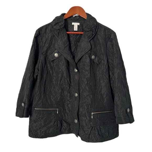 Chicos Jacket Women Size 3 XL Black Crinkle Button Ruffle Office Lightweight - Picture 1 of 13